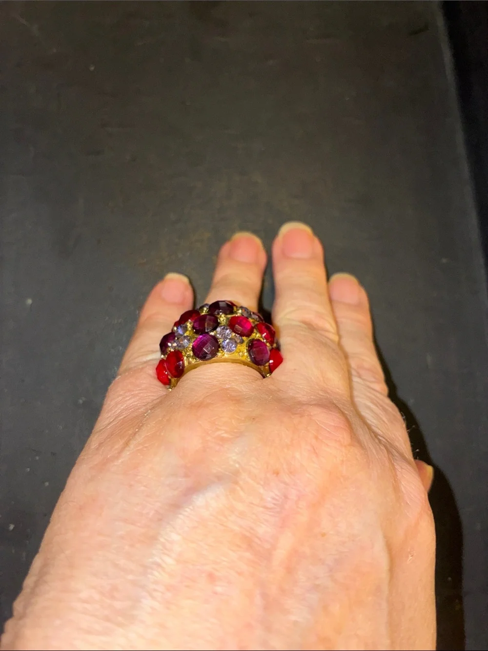 Silver Tone Red & Purple Cluster Statement Stretch Ring